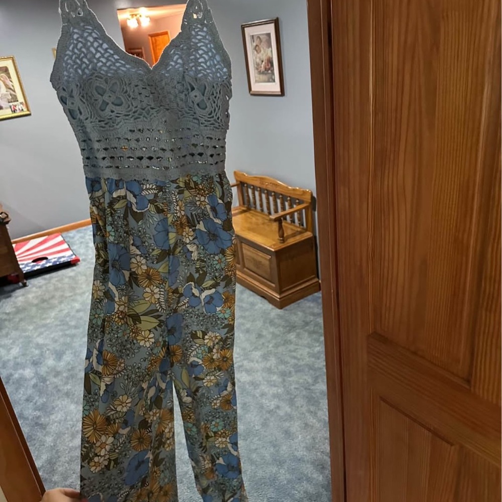 Floral Lace Jumpsuit - Blue and Gray